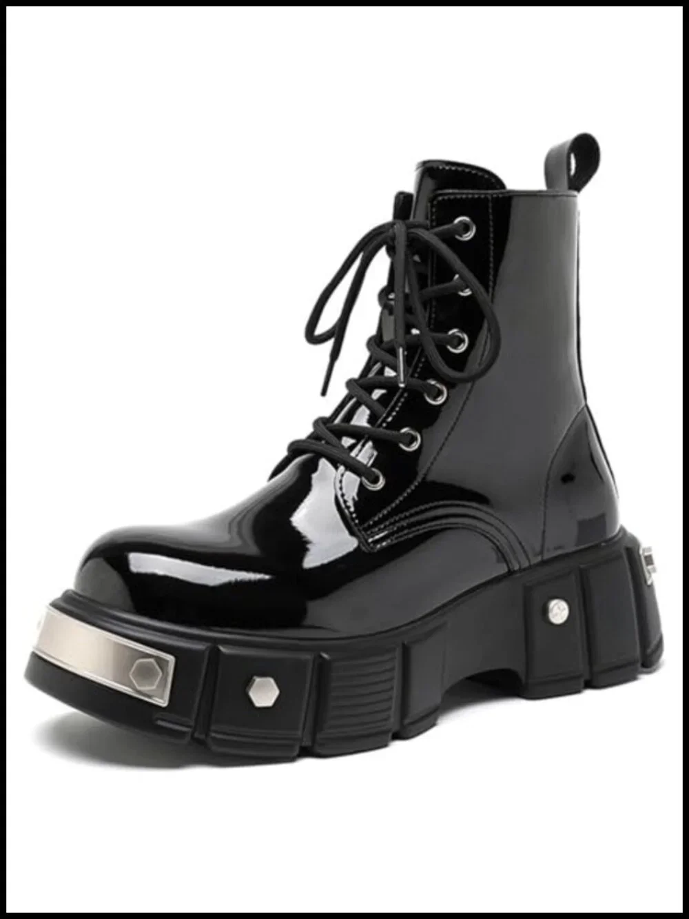 Men's Lace Up Platform Motorcycle Boots Patent Leather Ankle Boots with Side